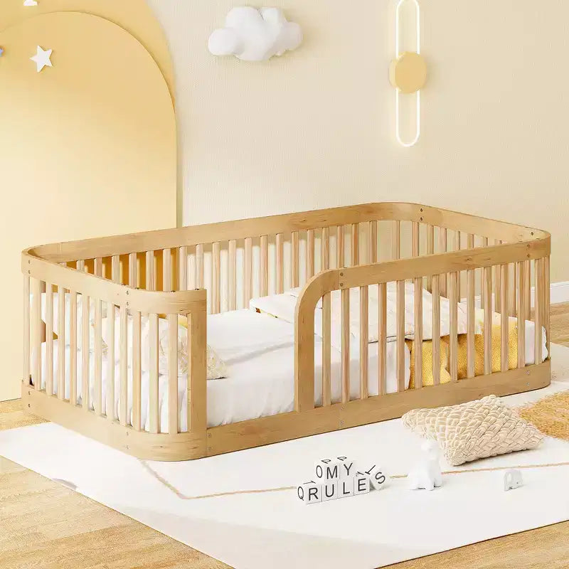Bellemave Kids Twin & Full Size Floor Bed Frames with Safety Fence Solid Pine & MDF Rounded Corners Sturdy DIY Assembly White & Natural Finish