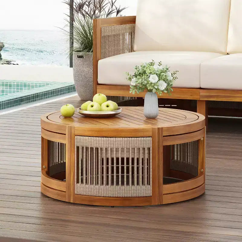 27.95-Inch Acacia Wood Outdoor Coffee Table with Handwoven Rope Accent Boho Design for Patio