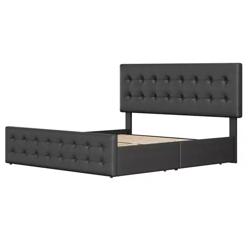 King Size Upholstered Platform Bed Frame with 4 Storage Drawers - Adjustable Button Tufted Headboard - Sturdy Wooden Slats Black