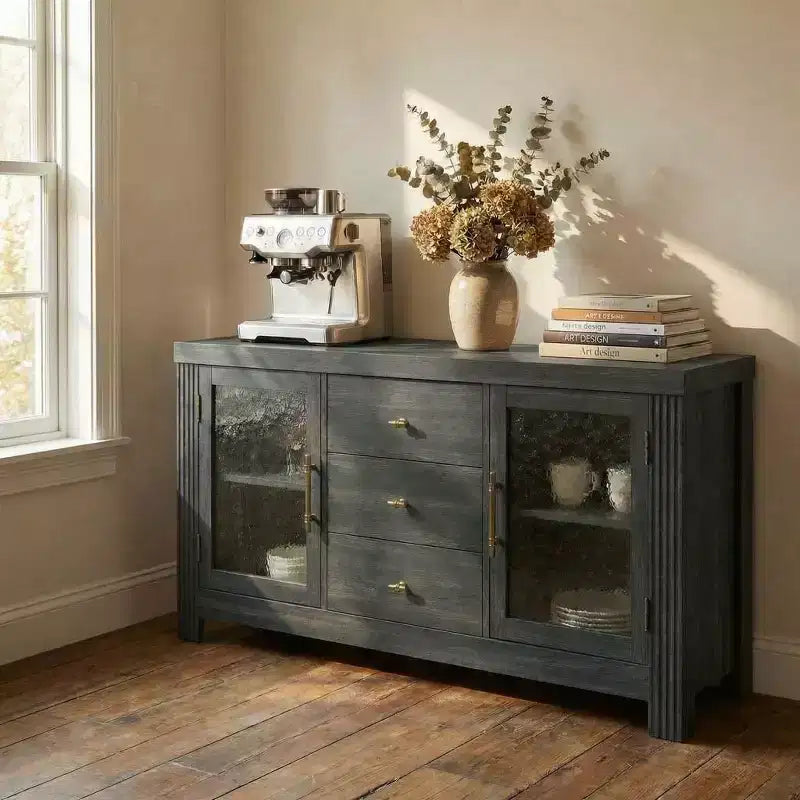 54.4 Buffet Sideboard Accent Storage Cabinet with 2 Glass Doors & 3 Drawers Coffee Bar Table TV Stand for Living Room Kitchen Dining Room