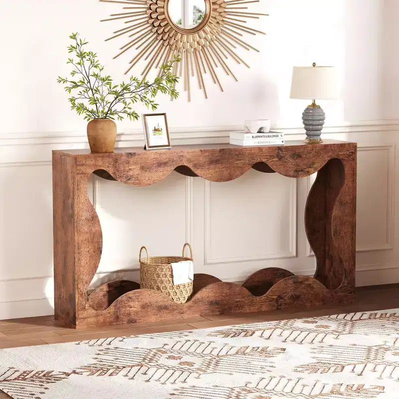 Scalloped Console Table for Entryway Slim Wooden Modern Sofa Table Behind Couch with Storage Shelf Hallway TV Console for Entrance Living Room