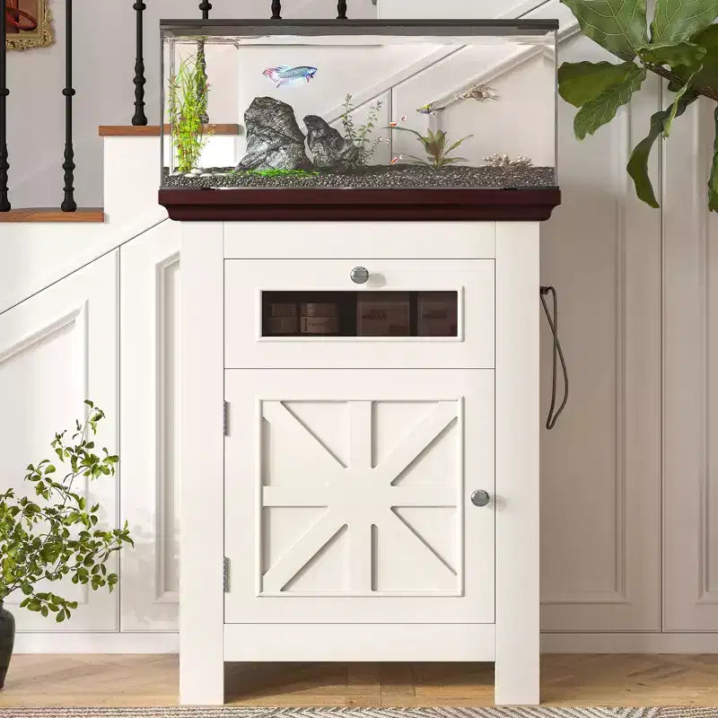 GDFStudio Dalton Farmhouse Wood Aquarium Stand with Power Outlets Storage Cabinet and Drawer