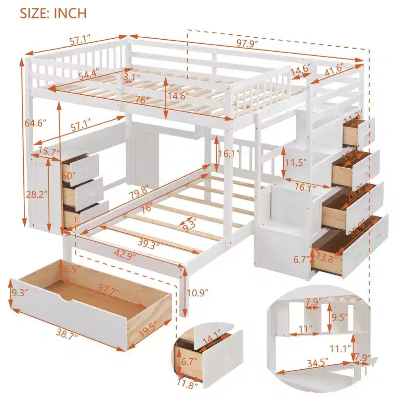 Lits superposés avec bureaux, armoires et tiroirs