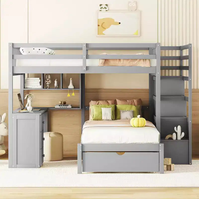Lits superposés avec bureaux, armoires et tiroirs